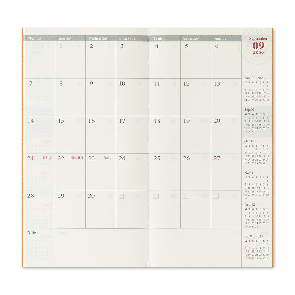 TRAVELER'S notebook Refill 2026 Monthly- Regular