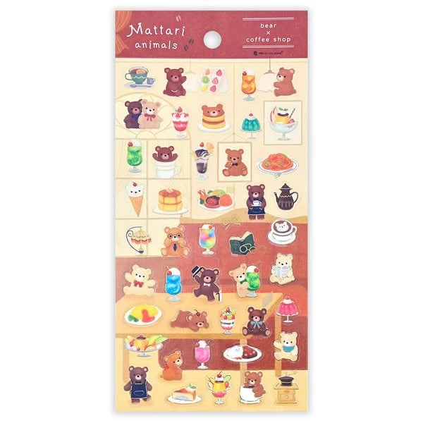 NB Co Stickers Large Clear Sticker: Relaxing Bear and a Classic Coffee Shop