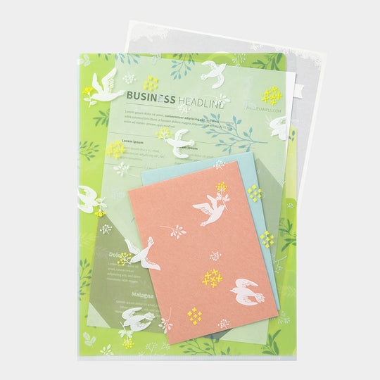 Midori 3 Pockets Clear Folder <A4> White Birds