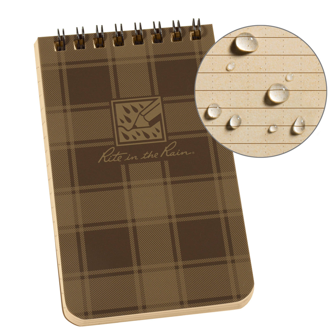 Rite in the Rain 3" x 5" Top Spiral Notebook, Brown Plaid
