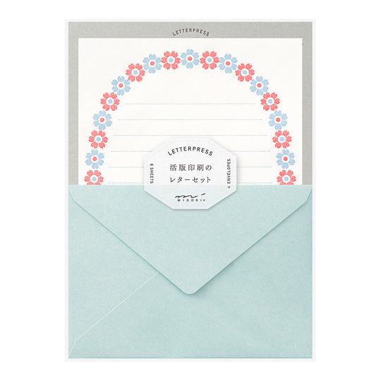 Midori Letter Set 478 Letterpress Flower Frame Light Blue