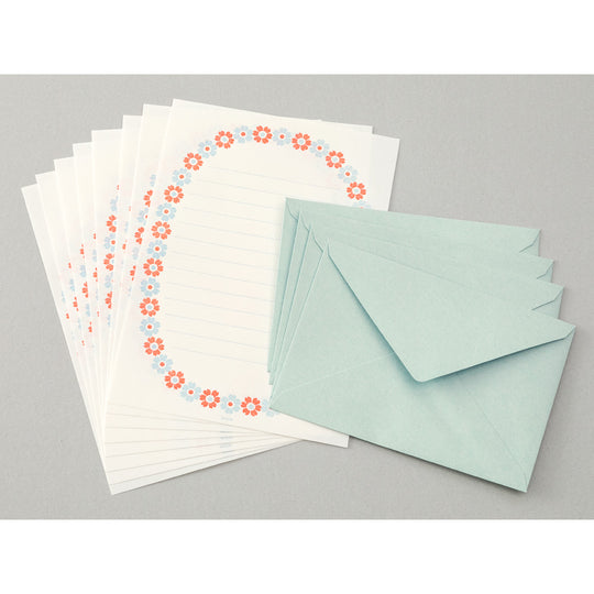 Midori Letter Set 478 Letterpress Flower Frame Light Blue