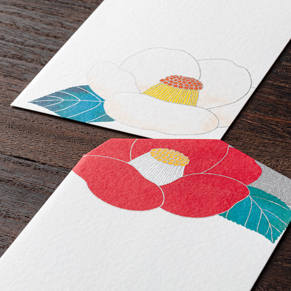 Midori Envelope 122 Silk-Printing Red and White Camellia