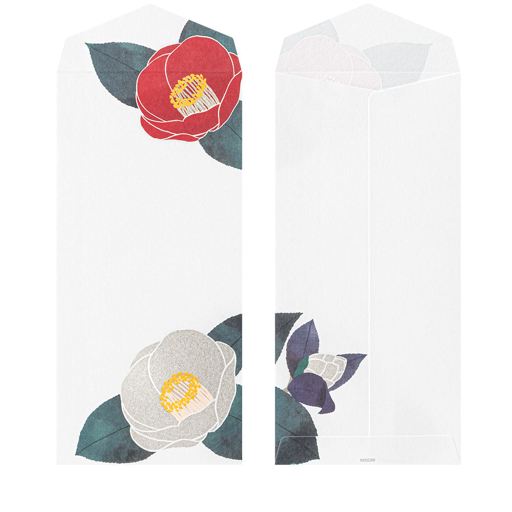 Midori Envelope 154 Silk-Printing Red and White Camellia S2