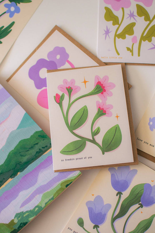 So Freakin Proud Greeting Card | Pink Floral Illustration