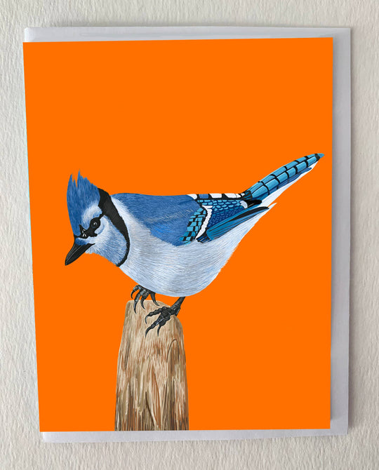 Blue Jay Bird on Tree Stump Greeting Card