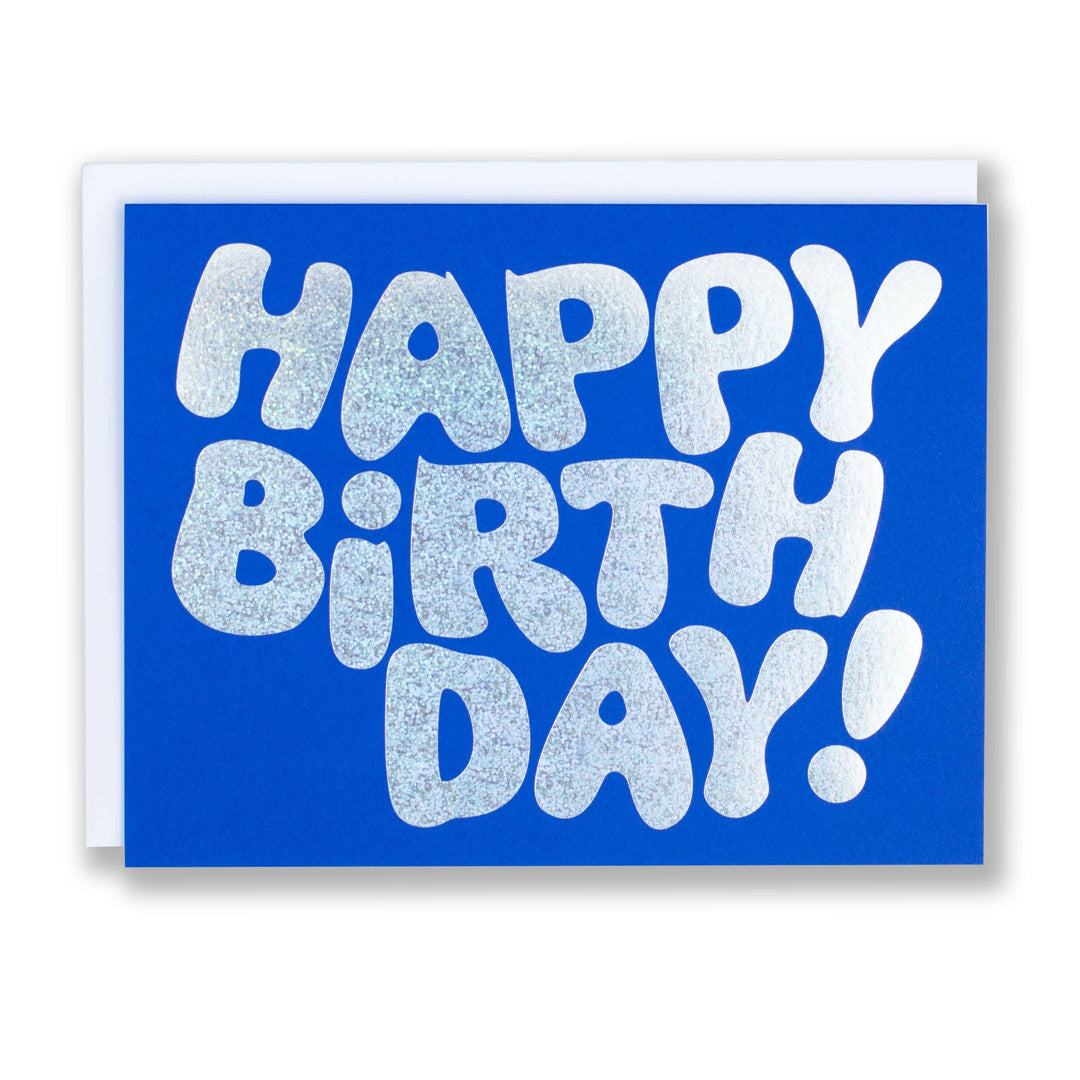 Happy Birthday in Hologram Glitter Foil on Blue Paper